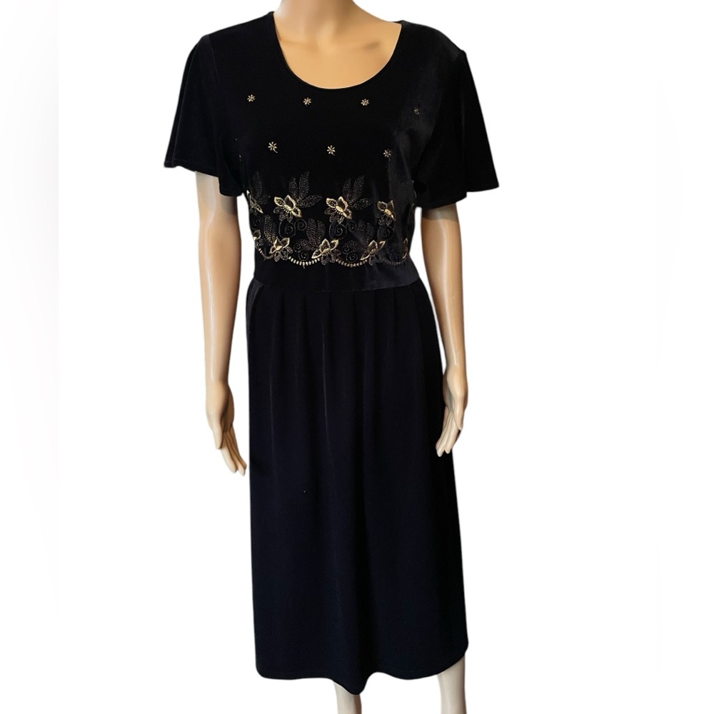 Another Time Vintage 80s Black Gold Velvet Embroidered Floral Goth Witchy Dress